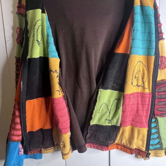 Boho Patchwork Hoodie Jacket XXL Handmade Nepal Festival Peace Sign Zip Up - Picture 8 of 12
